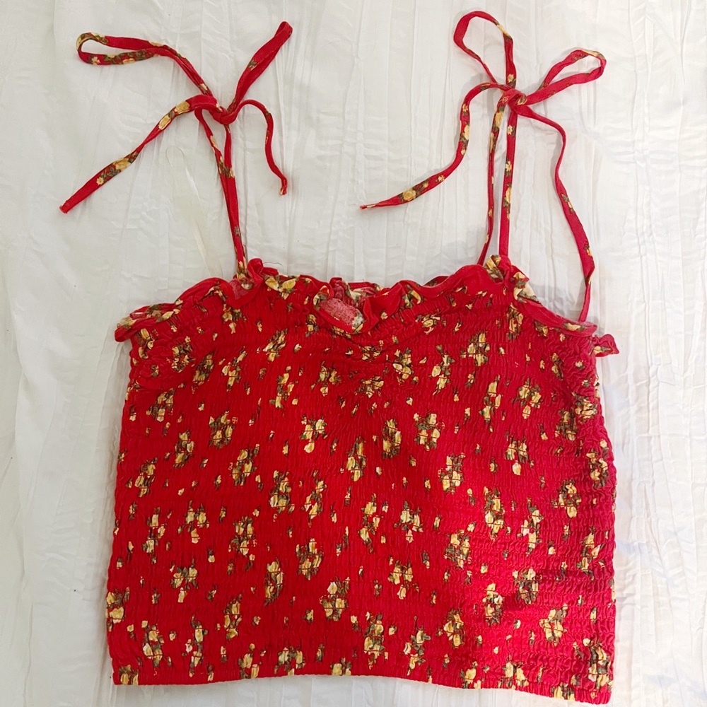 Smocked Floral Red Tie-Sleeve Tank